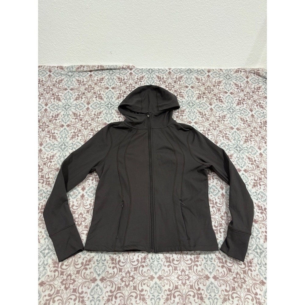 Danskin Womens Full Zip Athletic Hoodie Jacket Gray Thumbholes Size L Large